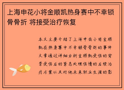 上海申花小将金顺凯热身赛中不幸锁骨骨折 将接受治疗恢复