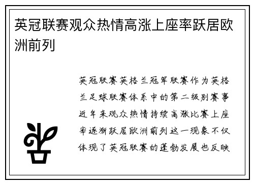 英冠联赛观众热情高涨上座率跃居欧洲前列